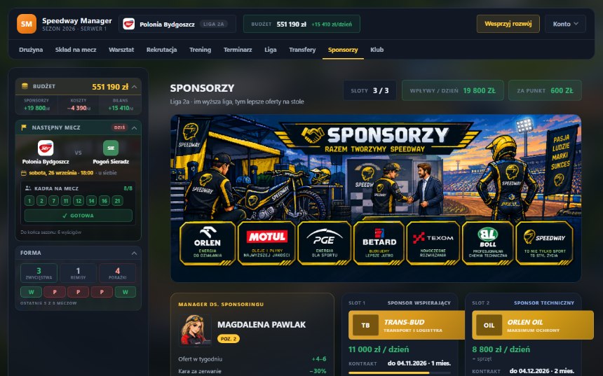 Strona sponsorów: zajęte sloty umów ze stawkami dziennymi, manager do spraw sponsoringu i pasek boczny z budżetem